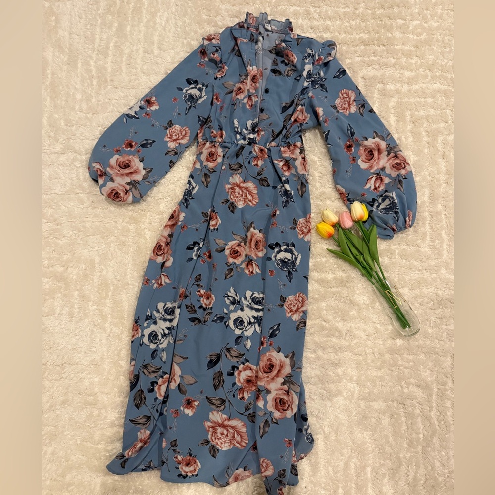 SHEIN Blue Floral Long Sleeve Dress